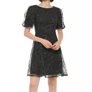 DKNY Women's Floral-Embellished Puff-Sleeve Dress Black/Gold Size 12